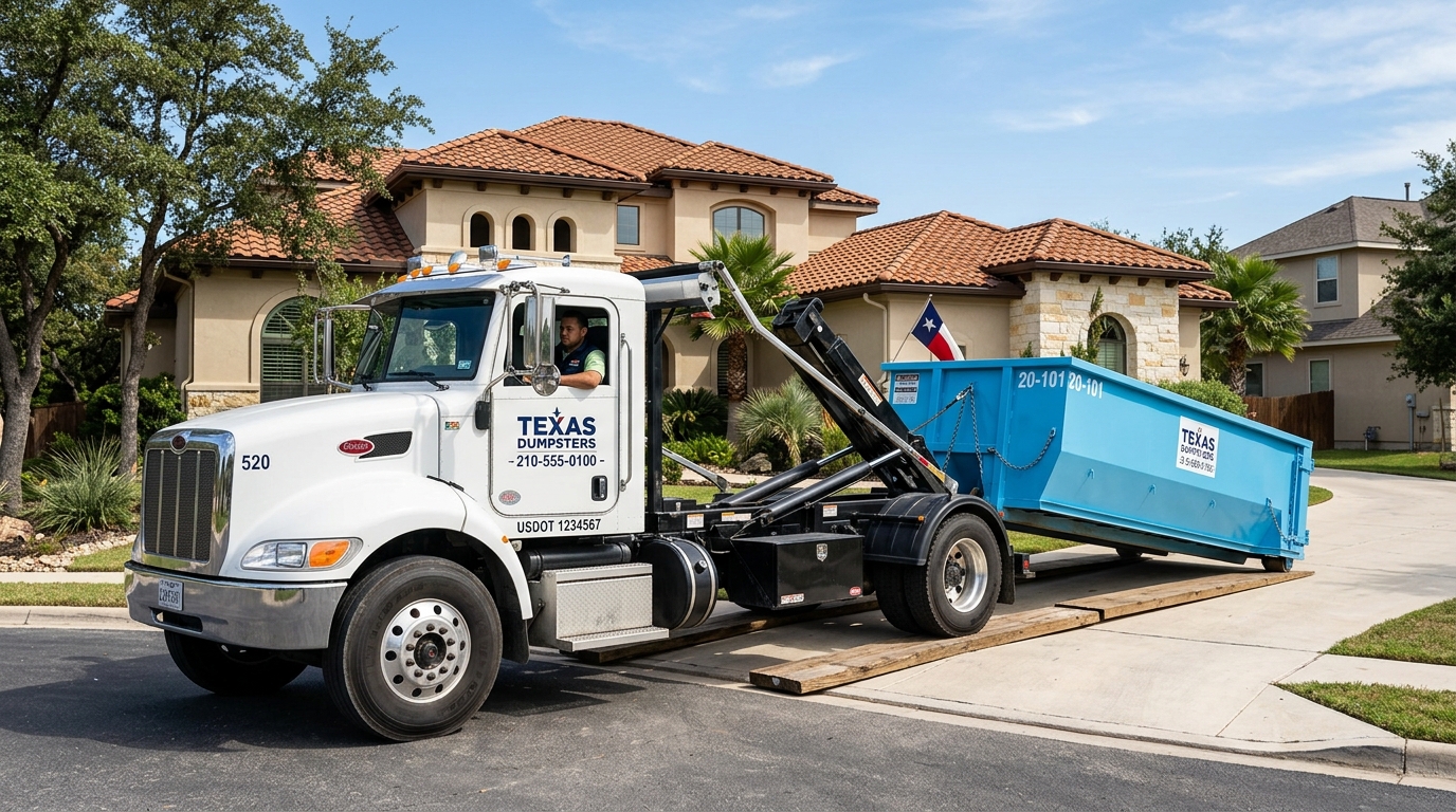 Crestline Dumpster Rentals truck and unbranded roll-off container in Austin